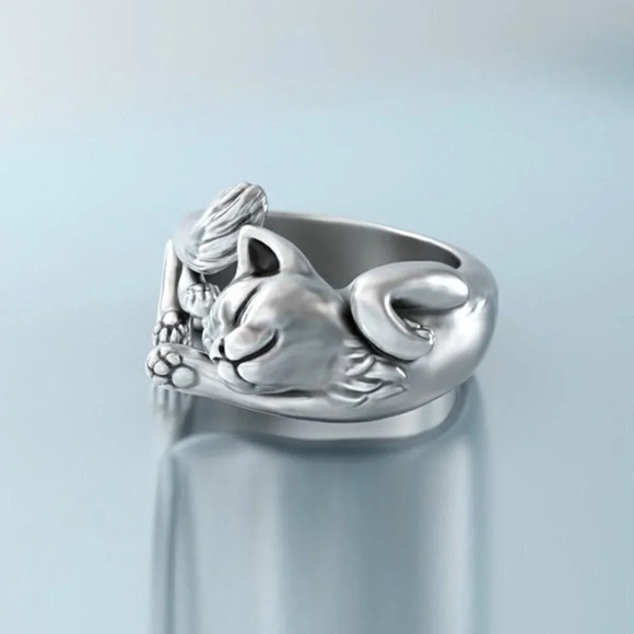 💍 Stretching Cat Simulation Cute Animal Silver Lovely Ring for Women, PD678 - Picture 3 of 5